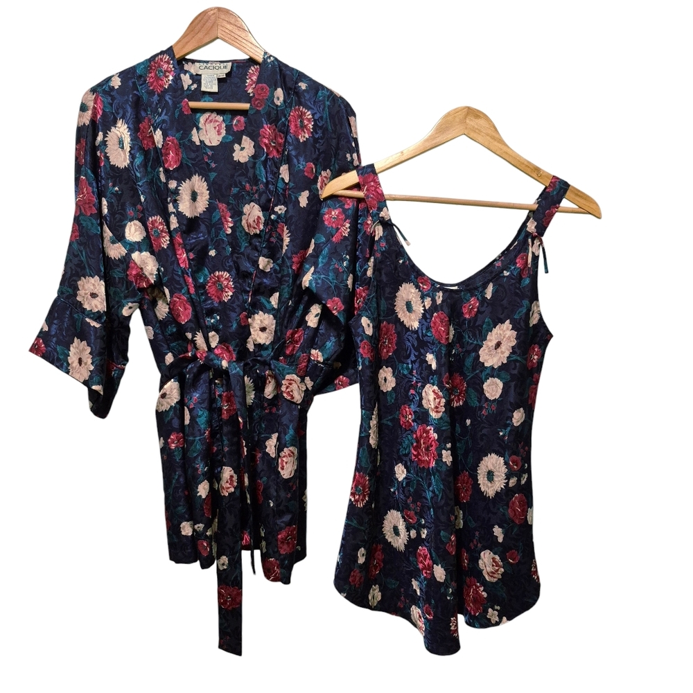 Vintage Satin Robe And Nightie Set By Cacique SIZE P/S Navy Floral Lingerie